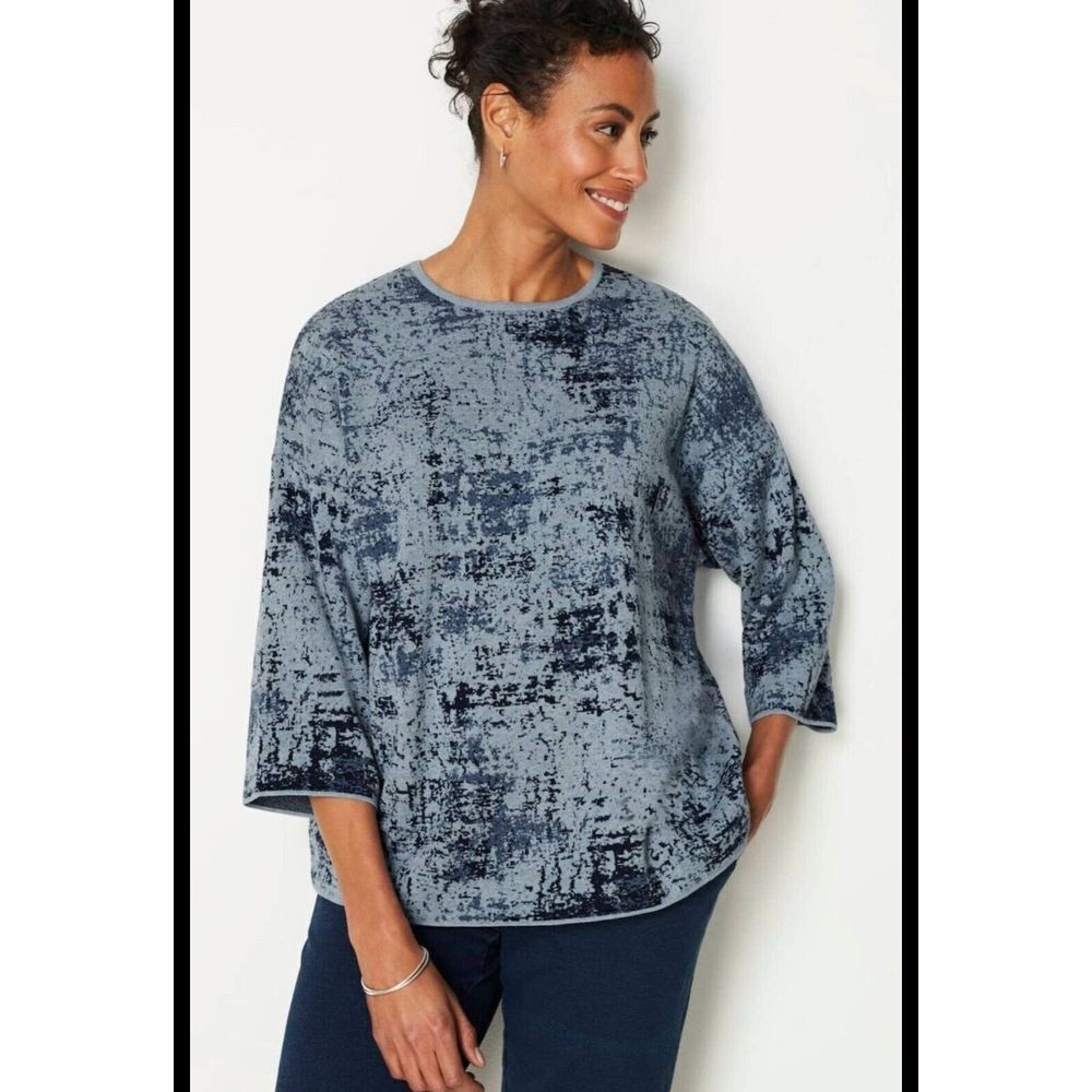 Pure J‎ Jill Sweater L Blue Jacquard Kimono Sleeves Organic Cotton Preppy Artsy